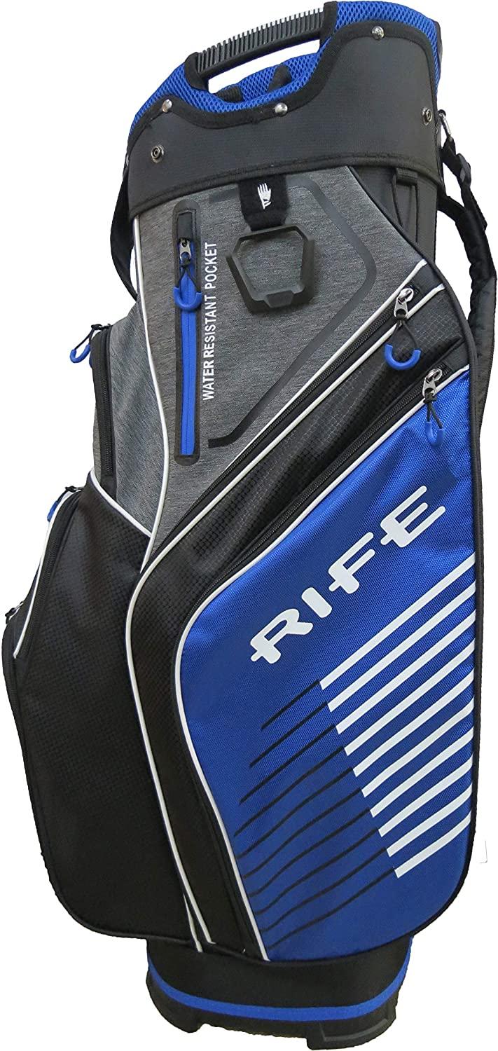 Rife Golf Premium Blue Black Gray Cart Bag Light Weight Dobby Nylon with 10 inch, 14-Way Friendly Separator Top, Front Position Putter Pit