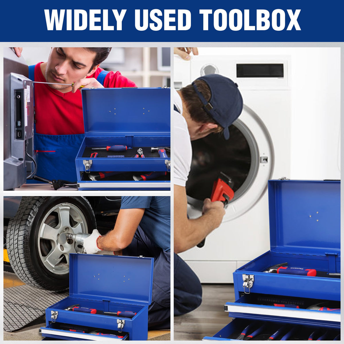Tool Box with Drawers, 18 Inch with 2 Drawers and 1 Top Storage, Portable Toolbox with Metal Latch and Liner for Garage, Office and Home Storage, 100 LBS Load Capacity (Totally)