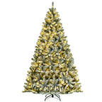 8ft Pre-lit Snow Flocked Hinged Christmas Tree w/1502 Tips &amp; Metal Stand