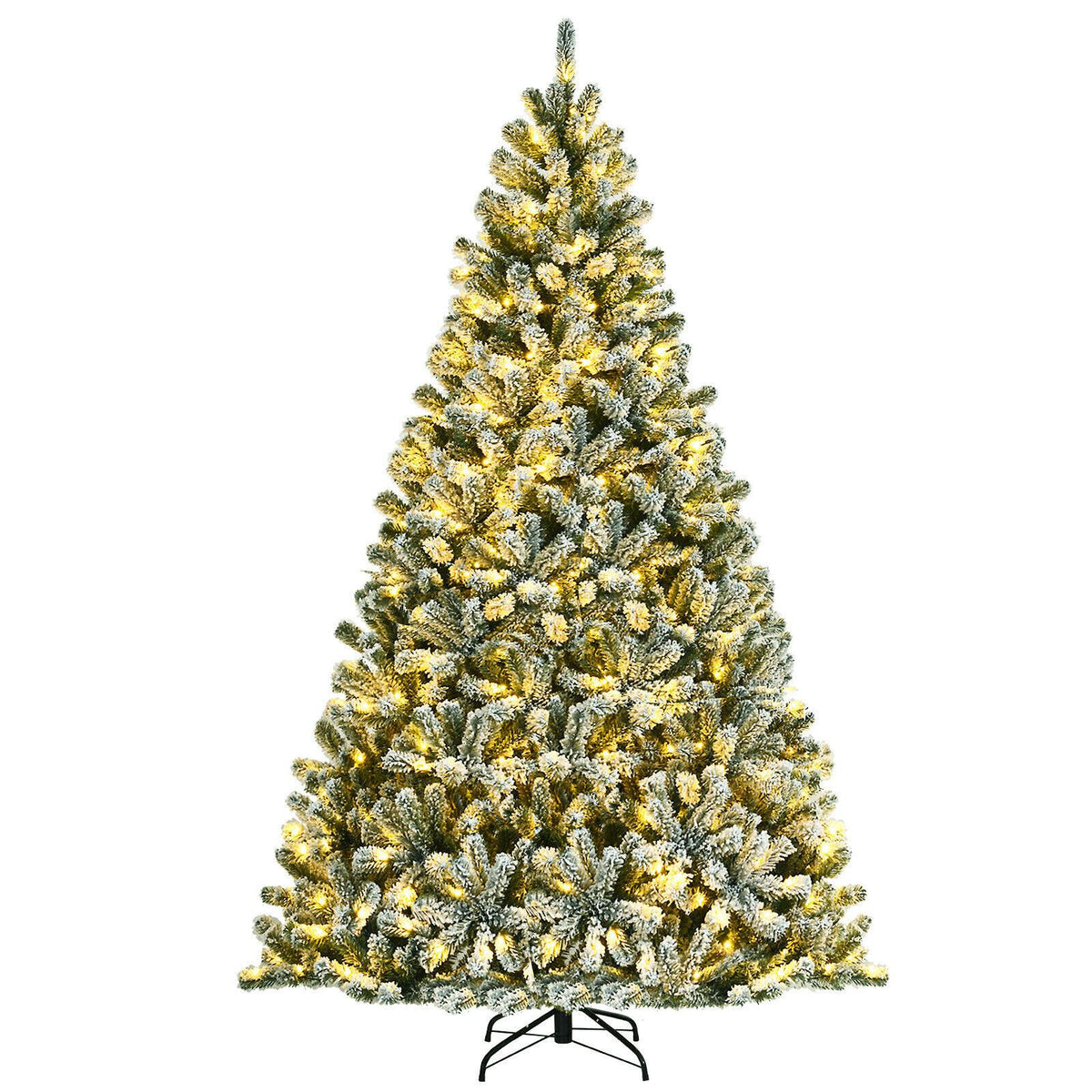 8ft Pre-lit Snow Flocked Hinged Christmas Tree w/1502 Tips &amp; Metal Stand