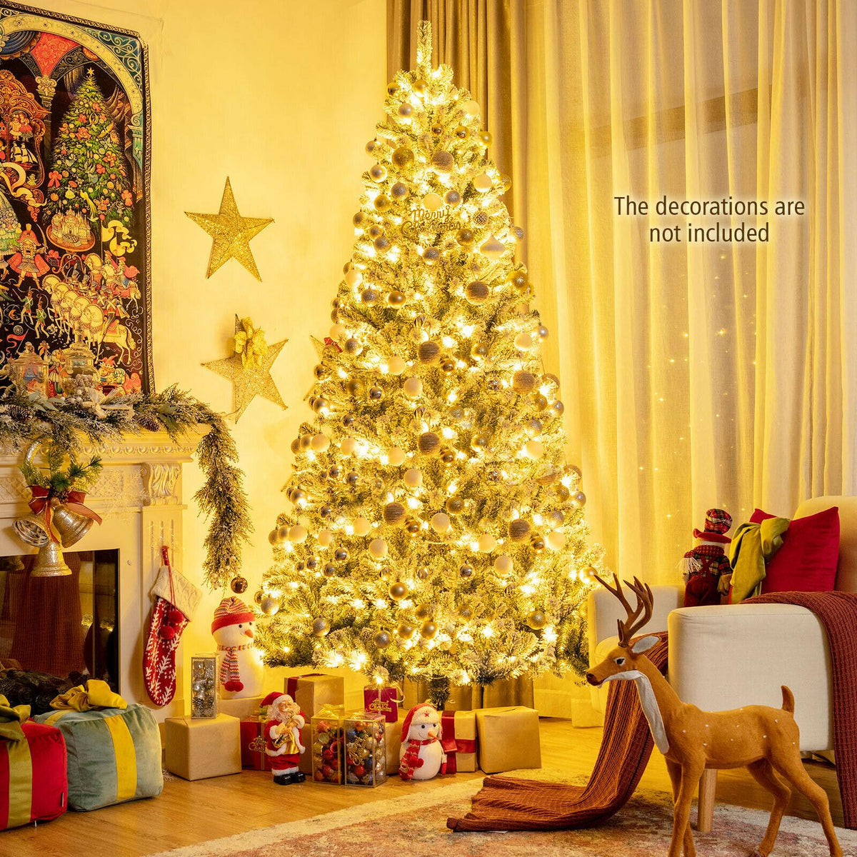 8ft Pre-lit Snow Flocked Hinged Christmas Tree w/1502 Tips &amp; Metal Stand