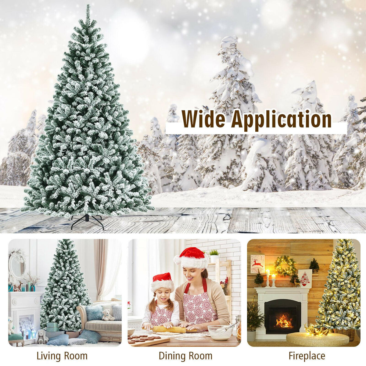 8ft Pre-lit Snow Flocked Hinged Christmas Tree w/1502 Tips &amp; Metal Stand