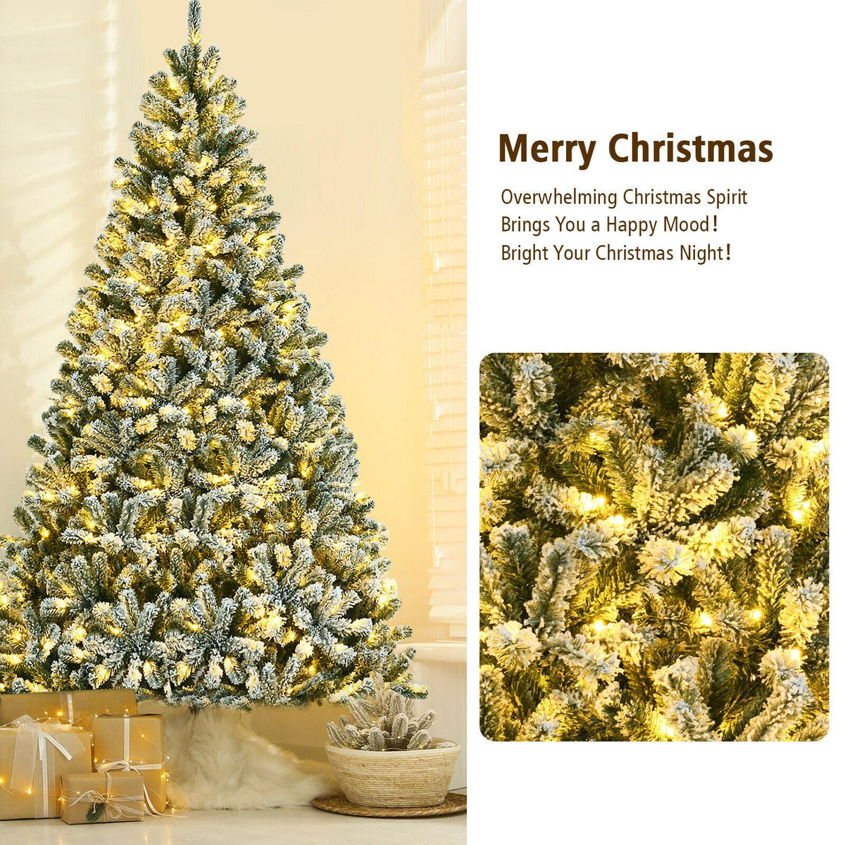 8ft Pre-lit Snow Flocked Hinged Christmas Tree w/1502 Tips &amp; Metal Stand