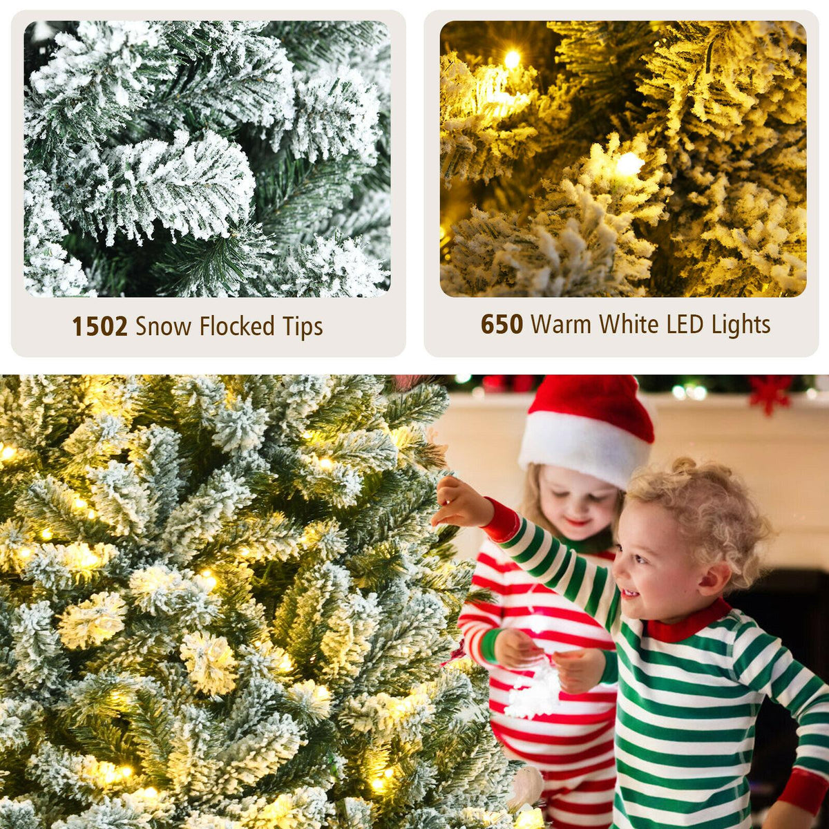 8ft Pre-lit Snow Flocked Hinged Christmas Tree w/1502 Tips &amp; Metal Stand