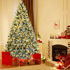 8ft Pre-lit Snow Flocked Hinged Christmas Tree w/1502 Tips &amp; Metal Stand