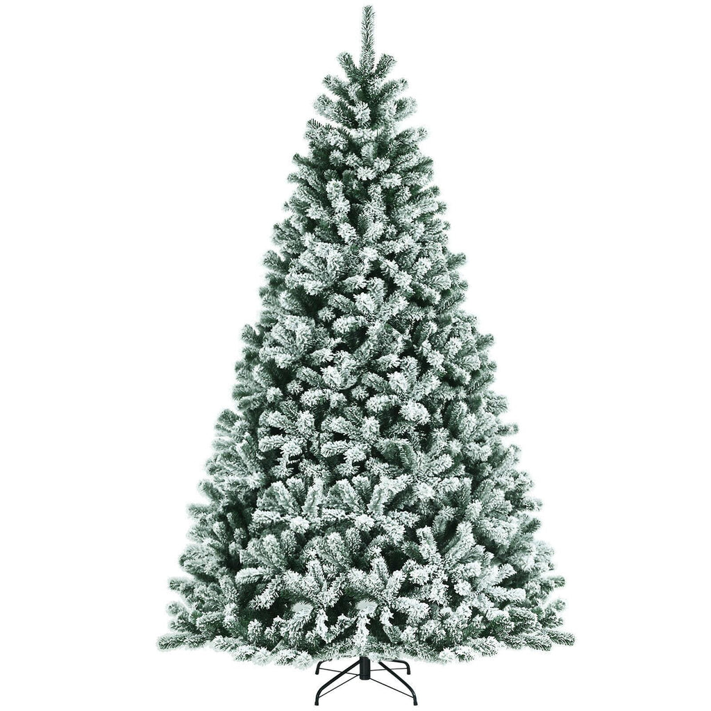8ft Pre-lit Snow Flocked Hinged Christmas Tree w/1502 Tips &amp; Metal Stand