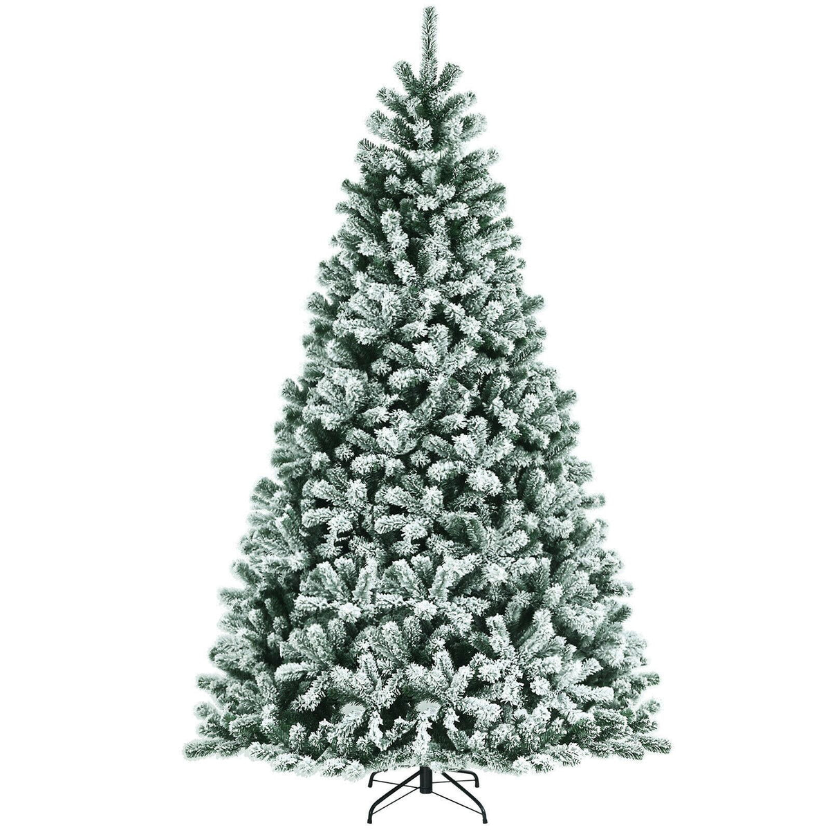 8ft Pre-lit Snow Flocked Hinged Christmas Tree w/1502 Tips &amp; Metal Stand