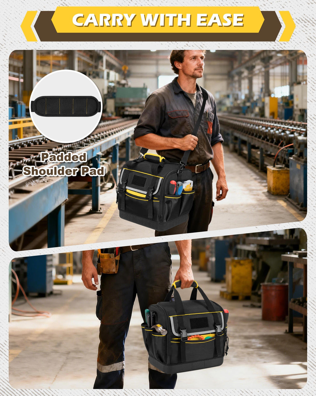 12-Inch Tool Bag with Hard Bottom, Electrician Tool Box Organizer | Detachable Divider, Multiple Pockets, Padded Handle, Adjustable Shoulder Strap, Ideal for Mechanics, Carpenters, Plumbers