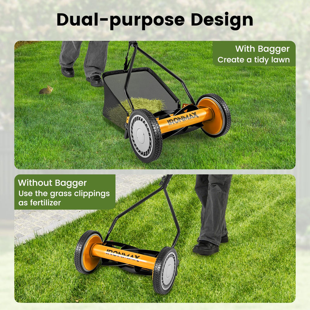 Manual Lawn Mower, 14 Inch 5-Blade Walk-Behind Cordless Grass Cutter with 7 Gallon Removable Grass Collect Bag, Adjustable Cutting Heights, Push Reel Lawn Mower for Yard, Garden