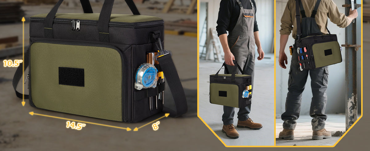2 Layers Tool Bag with 3 Clear Window Removable Cases, Heavy Duty Tool Tote with Molle Webbing and Detachable Shoulder Strap, Black/Green