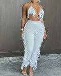 halter fringe backless top &amp; high waist pants sets