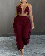halter fringe backless top &amp; high waist pants sets