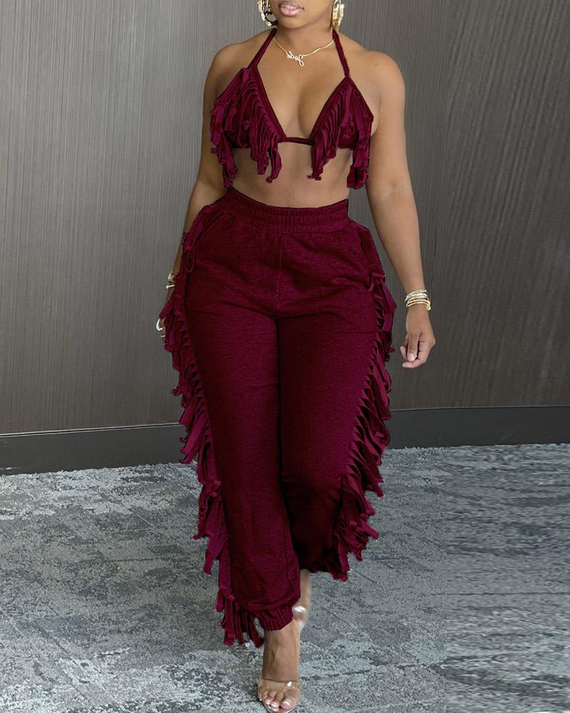 halter fringe backless top &amp; high waist pants sets