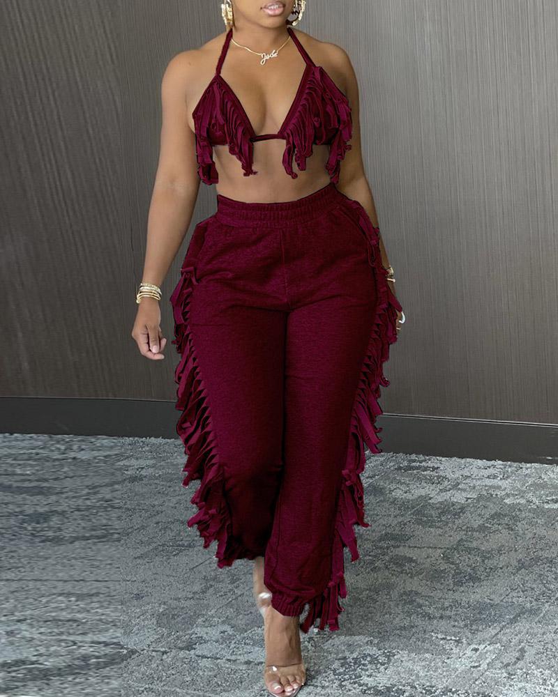halter fringe backless top &amp; high waist pants sets