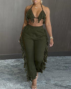 halter fringe backless top &amp; high waist pants sets