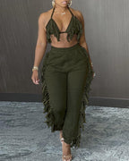 halter fringe backless top &amp; high waist pants sets