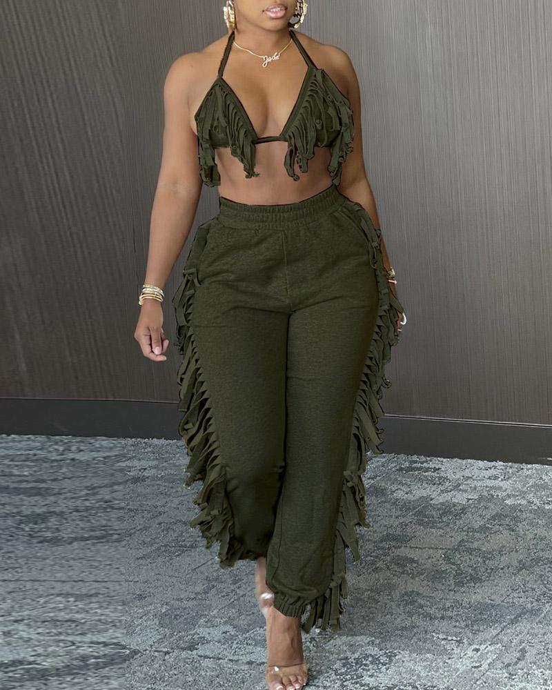 halter fringe backless top &amp; high waist pants sets