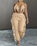 halter fringe backless top &amp; high waist pants sets