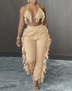 halter fringe backless top &amp; high waist pants sets
