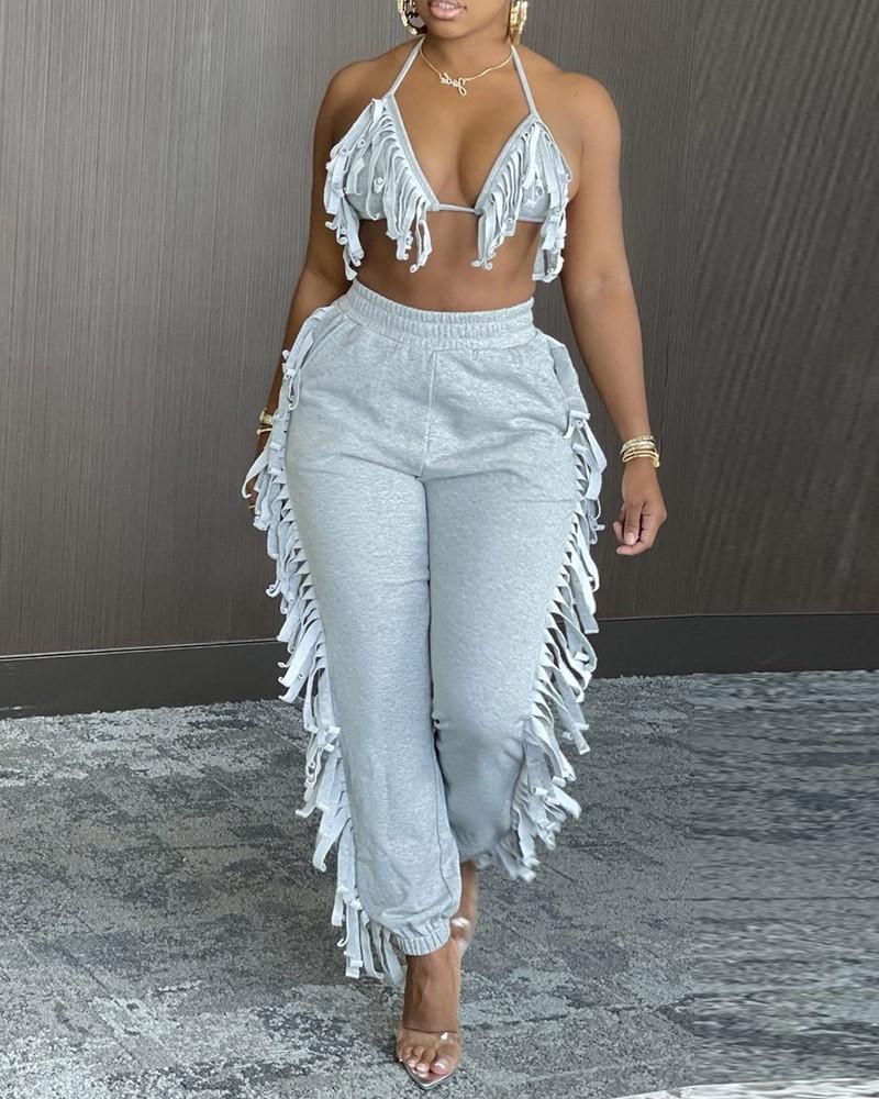 halter fringe backless top &amp; high waist pants sets