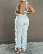 halter fringe backless top &amp; high waist pants sets