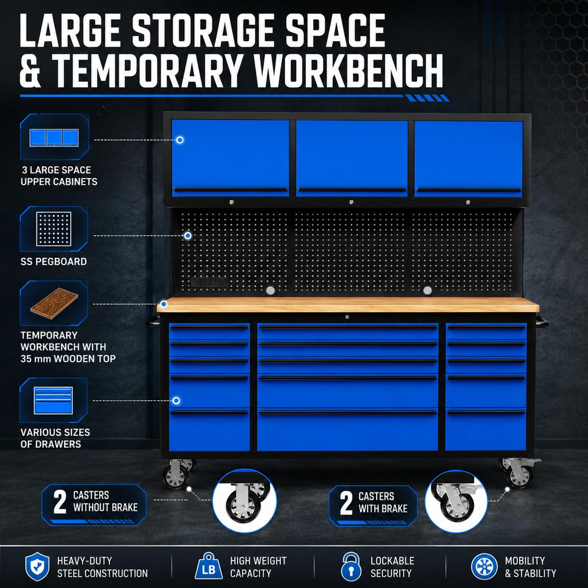 72 inch Tool Chest Tool Box Mobile 15 Drawer Stora3 Upper Cabinet Power Outlet SS-Pegboard with Wheels Lock Key LocSystem Drawer Liners for GaraWarehouse Repair Shop