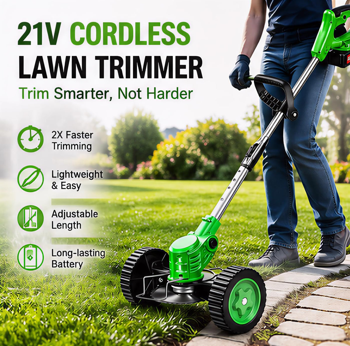 Cordless Weed Wacker with 2 Batteries, Lightweight 21V Weed Trimmer with Wheels, Electric Grass Trimmer, Adjustable Shaft Lawn Tool for Small Yard Tight Spaces