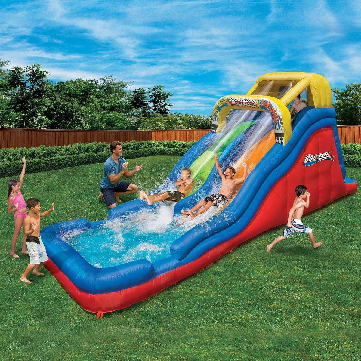 Banzai Double Drop Raceway 2 Lane Inflatable Kids Outdoor Backyard Bounce Water Slide Splash Park with Sprinklers and Climbing