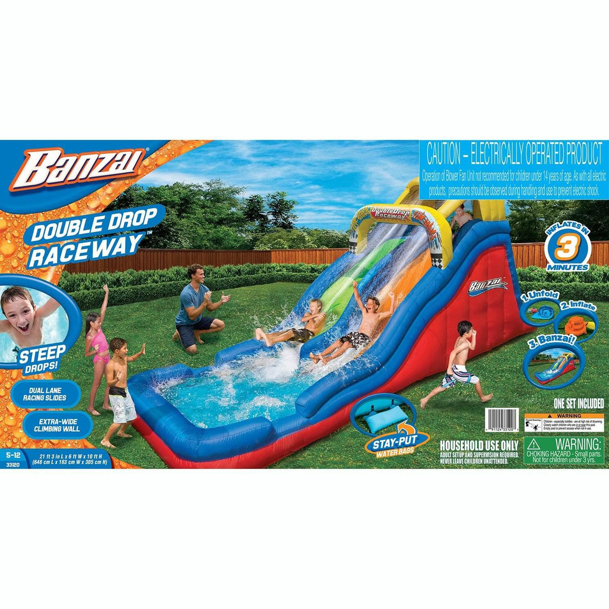 Banzai Double Drop Raceway 2 Lane Inflatable Kids Outdoor Backyard Bounce Water Slide Splash Park with Sprinklers and Climbing