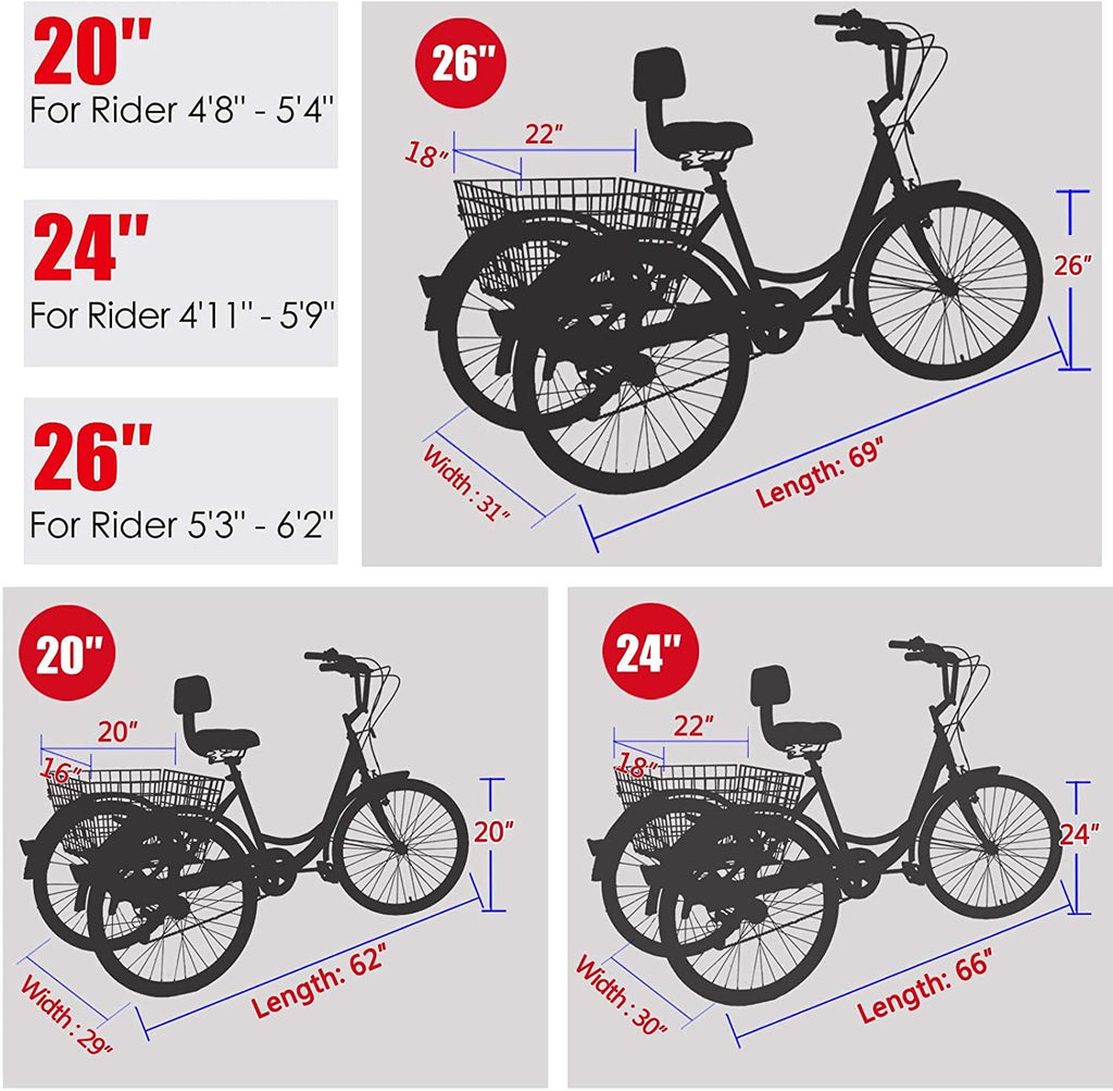 Adult Tricycles Three Wheel Cruiser Bike 7 Speed, Adult Trikes 24/26 inch Wheels Low Step-Through, Three-Wheeled Bicycles with Cargo Basket for Women, Men, Seniors