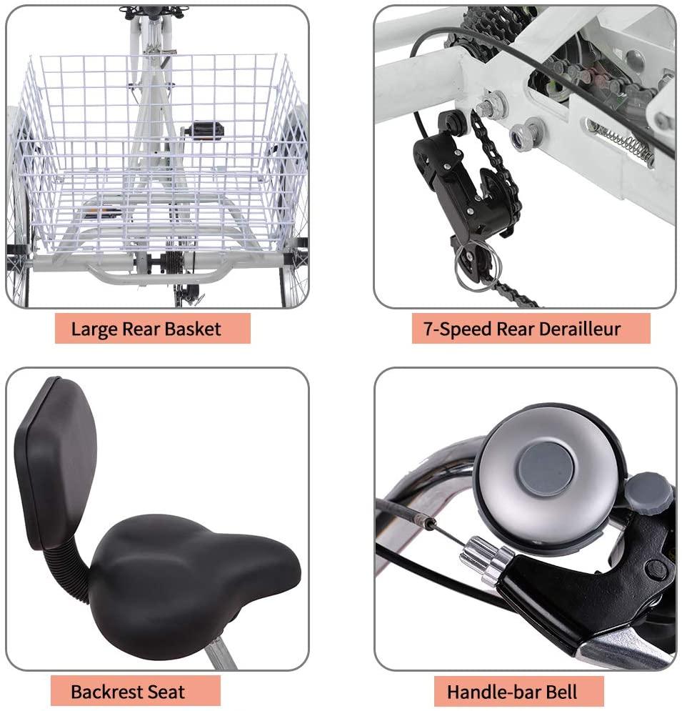 Adult Tricycles Three Wheel Cruiser Bike 7 Speed, Adult Trikes 24/26 inch Wheels Low Step-Through, Three-Wheeled Bicycles with Cargo Basket for Women, Men, Seniors