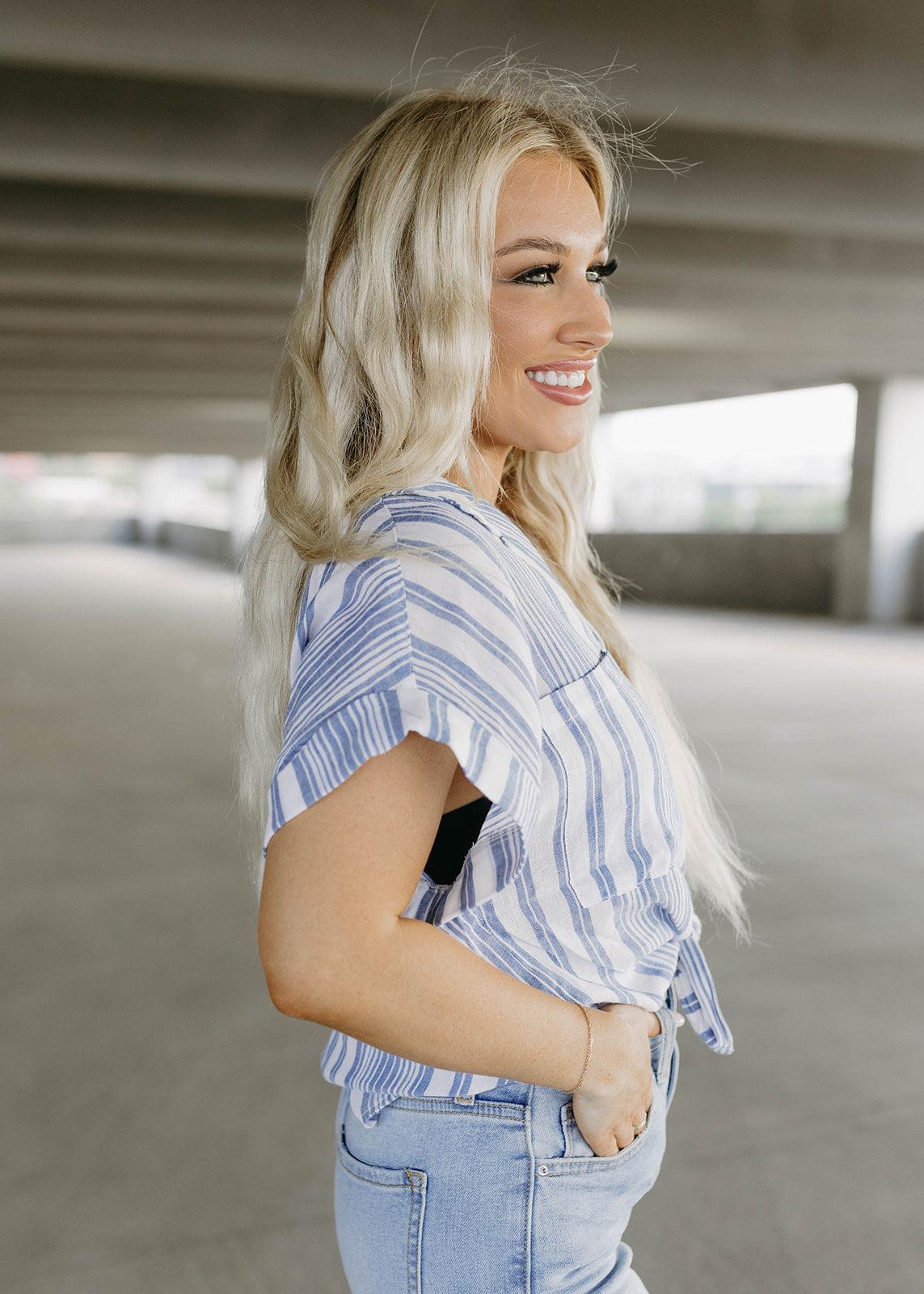 cali french navy stripe tie top