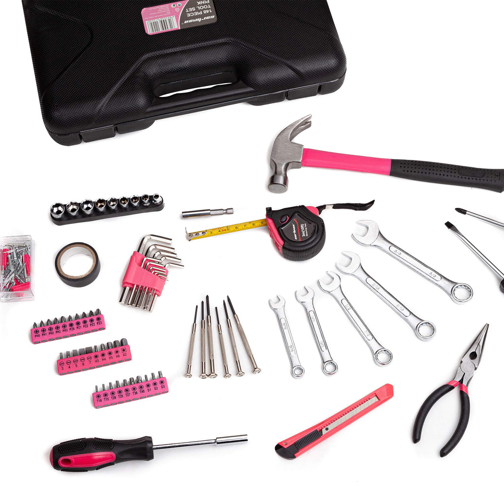 148-Piece Automotive And Household Tool Set, Pink Repair Kit Case | Versatile tool assortment for car maintenance, home repairs, DIY projects, furniture setup, and daily fixes in a molded case.