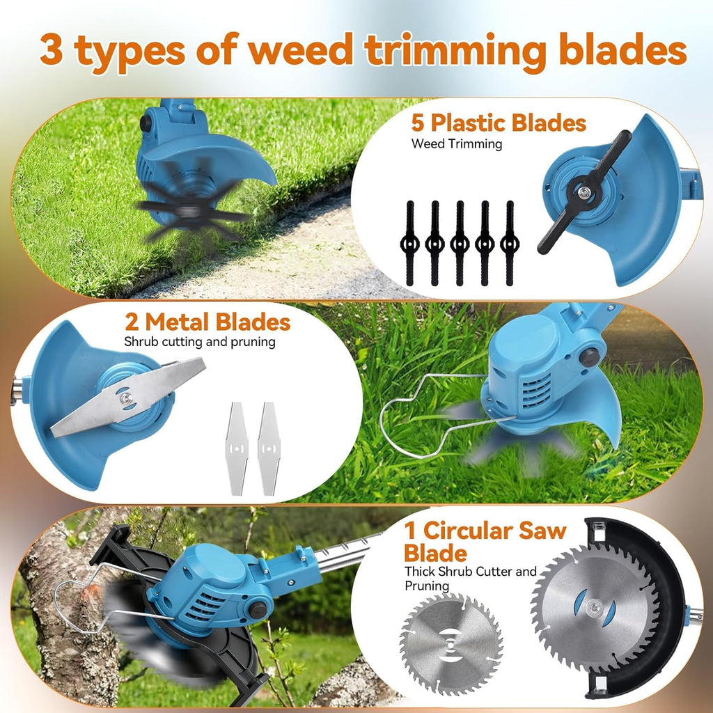 Electric Weed Wacker,Cordless Weed Eater 20000R,Battery Powered, 4-in-1 Brush Cutter with Wheel,Lawn Mower for Grass, 6 inch String Trimmer for Shrubs, Weeds,Weed Trimmer for Garden Yard
