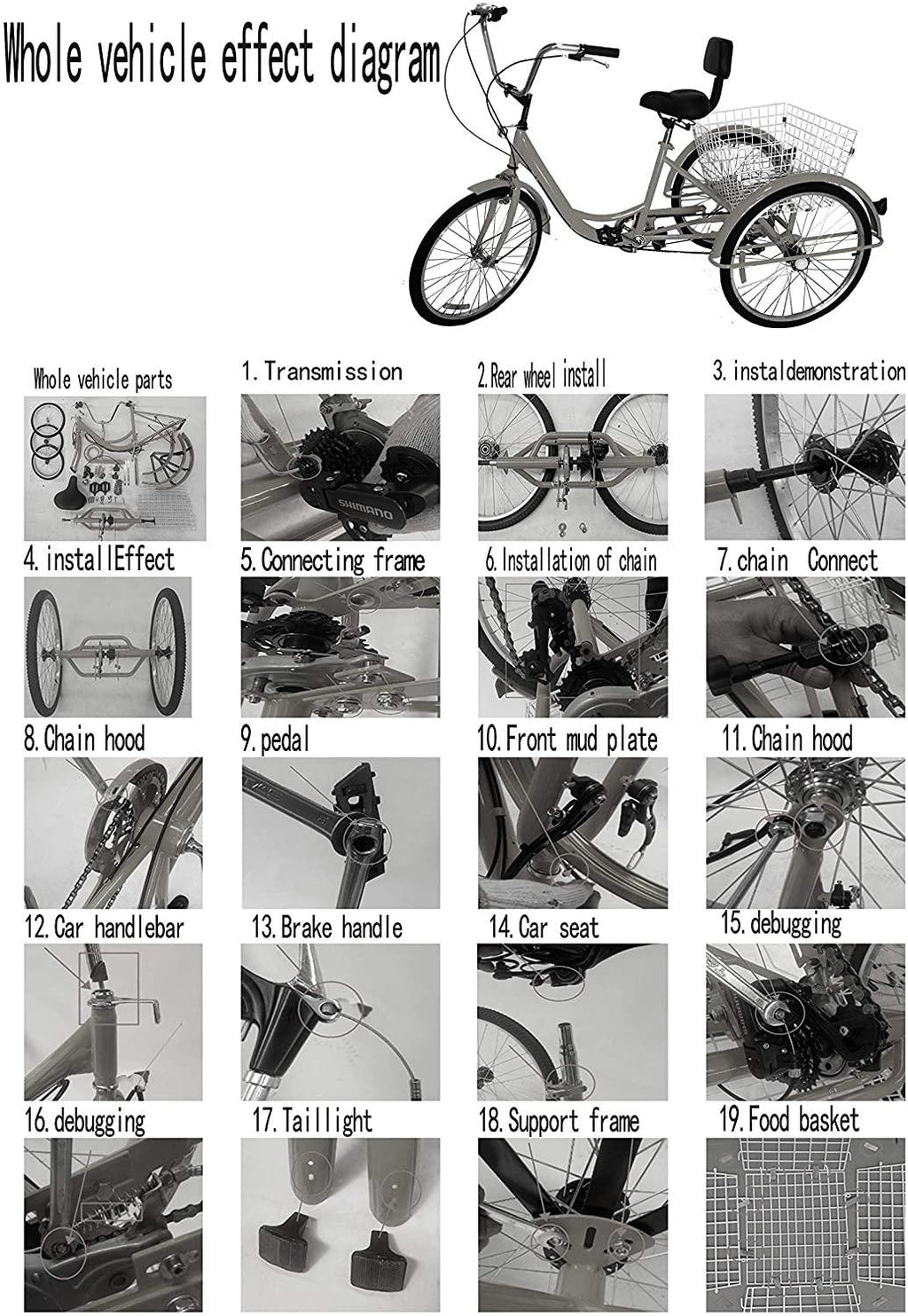 Areyourshop 3-Wheel Adult Tricycle Cruise Cargo Bike Trike with Basket