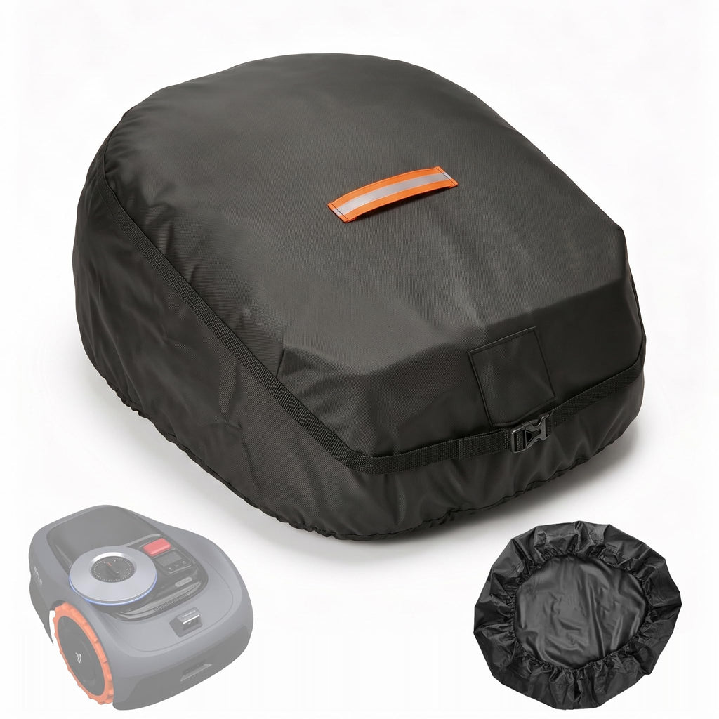 Robot Lawn Mower Cover Waterproof, 420D Outdoor Robotic Mower Cover, Black | 420D waterproof fabric, backyard robotic mower storafor rain snow dust sun, webbing strap,  buckle, elastic hem, vent