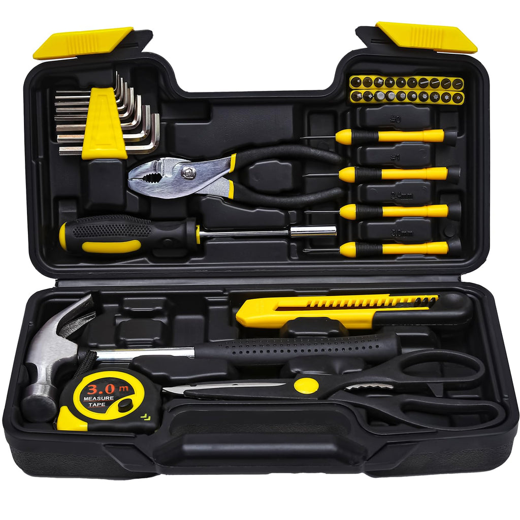 39 Piece Tool Set General Household Tool Kit - Basic Home Tool Set Small Hand Tool Kit with Plastic Toolbox StoraCase for Home GaraOffice ColleDormitory Use Yellow