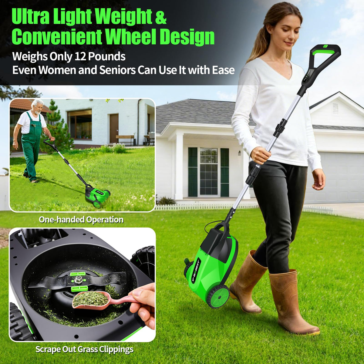 Cordless Lawn Mower, Electric Small Lawn Mower with 2 x 21V 4.0Ah Battery, Lightweight Mini Lawn Mower with Brushless Motor, 3 Cutting Heights, Garden Yard Lawn Care