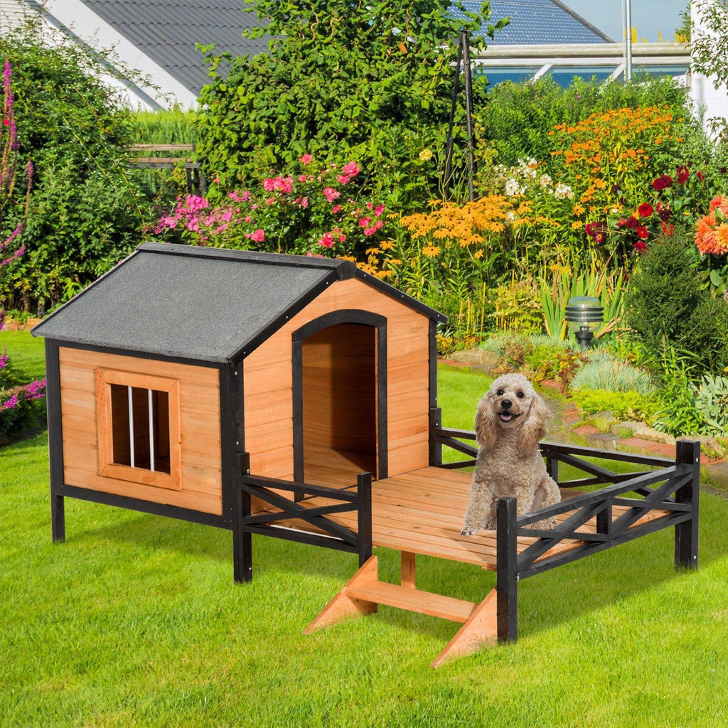Tidyard Wooden Dog Cabin with Porch and Stair Outdoor Covered Elevated Dog House Backyard Pet Home for Dogs Puppies 67 x 39.5 x 32.75 Inches (L x W x H)