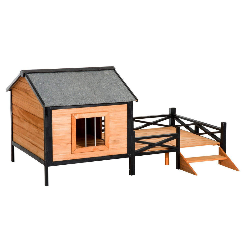 Tidyard Wooden Dog Cabin with Porch and Stair Outdoor Covered Elevated Dog House Backyard Pet Home for Dogs Puppies 67 x 39.5 x 32.75 Inches (L x W x H)