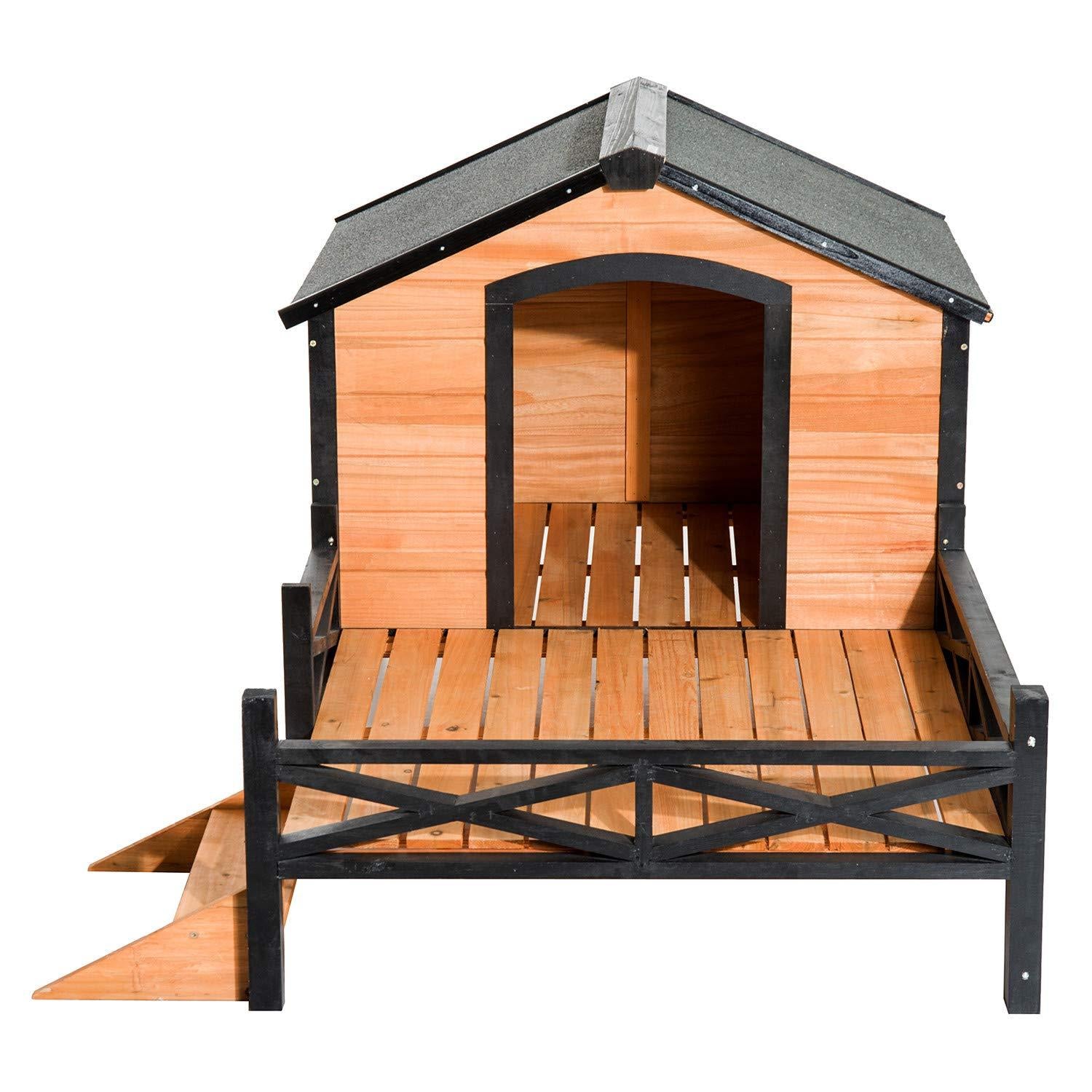 Tidyard Wooden Dog Cabin with Porch and Stair Outdoor Covered Elevated Dog House Backyard Pet Home for Dogs Puppies 67 x 39.5 x 32.75 Inches (L x W x H)