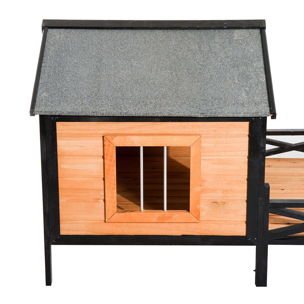 Tidyard Wooden Dog Cabin with Porch and Stair Outdoor Covered Elevated Dog House Backyard Pet Home for Dogs Puppies 67 x 39.5 x 32.75 Inches (L x W x H)