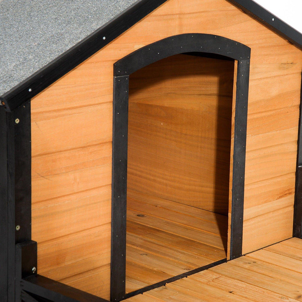 Tidyard Wooden Dog Cabin with Porch and Stair Outdoor Covered Elevated Dog House Backyard Pet Home for Dogs Puppies 67 x 39.5 x 32.75 Inches (L x W x H)