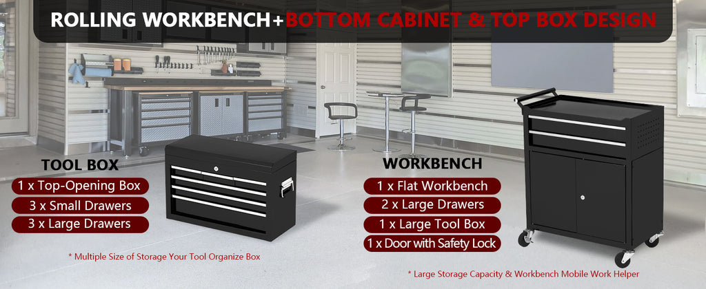 8-Drawer Rolling Tool Chest, 2-in-1 High Capacity Removable Cabinet StoraTool Box with Wheels and Drawers, Detachable Toolbox with Lock for Workshop Mechanics Gara(Black)