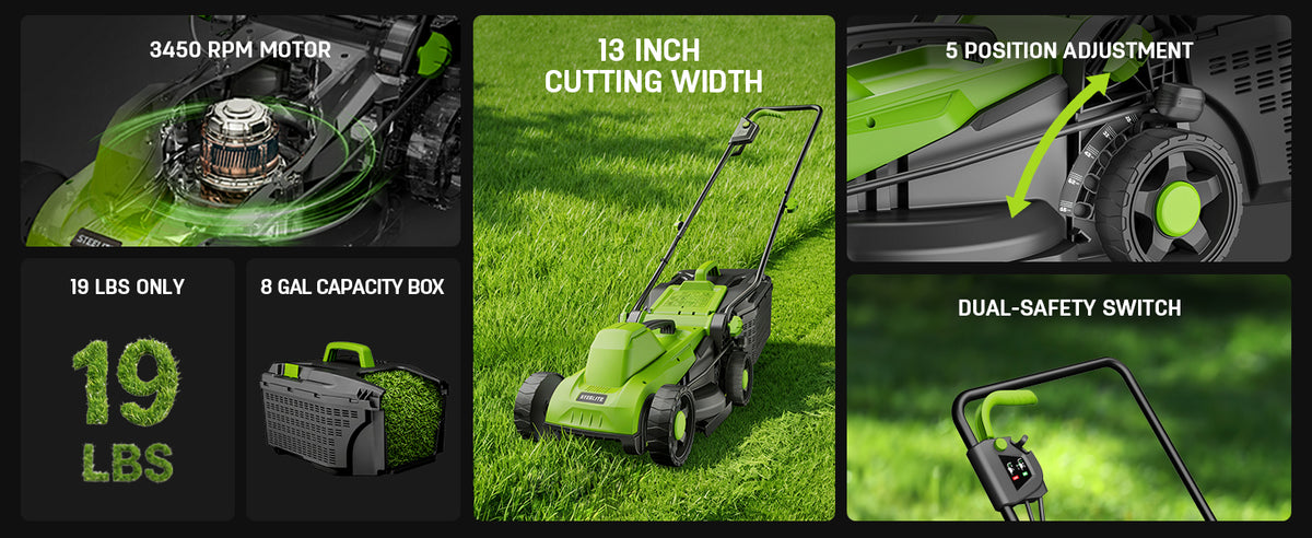 13 Inch Electric Lawn Mower, 1300W Corded Power, Lightweight &amp; Compact  Ideal for Small to Medium Lawns