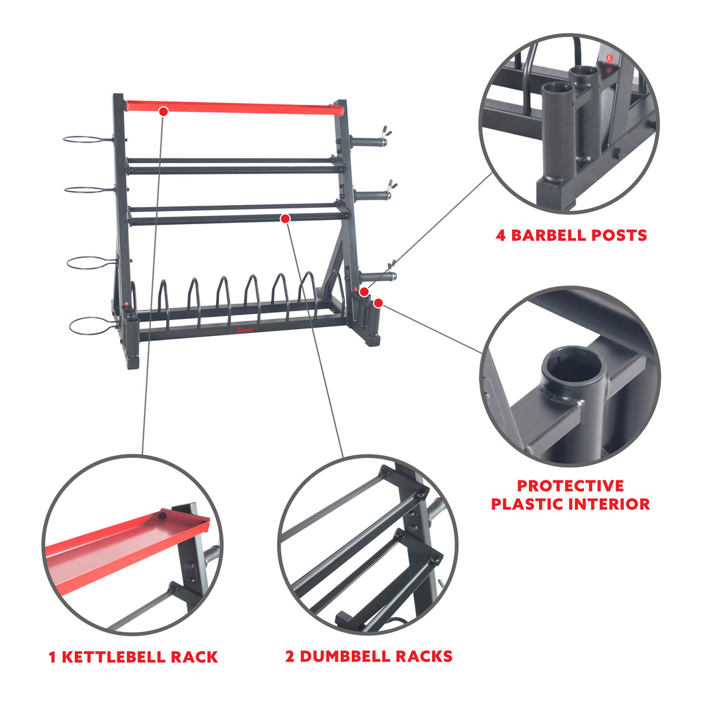 Sunny Health &amp; Fitness All-In-One Weight Plate Holder StoraRack Stand for Dumbbells, Plates, Weight Organizer, SF-XF920025