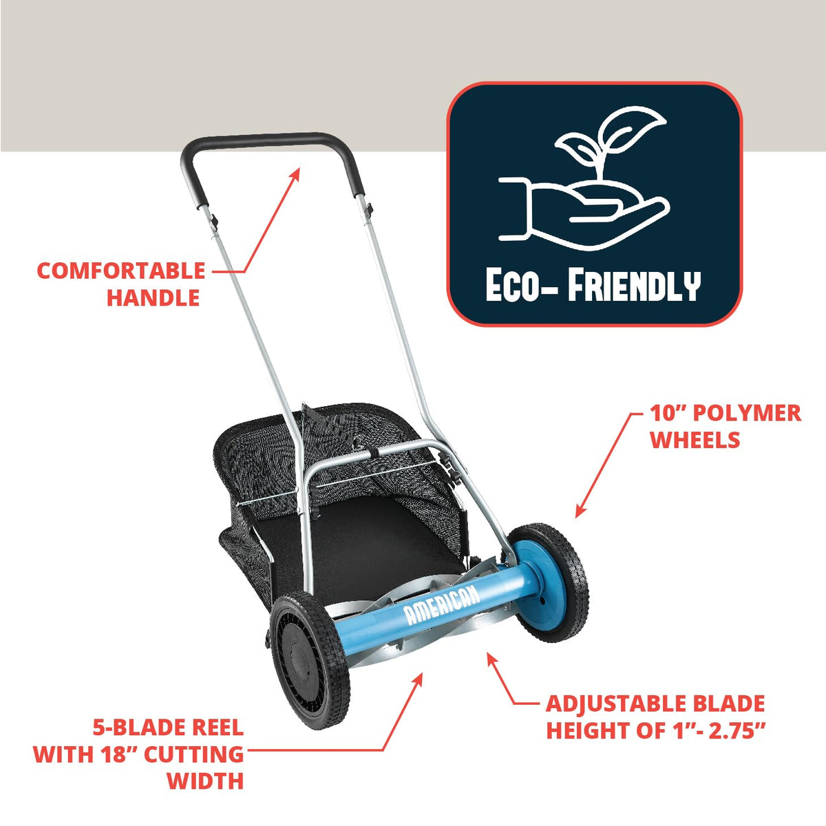American Lawn Mower 1804-18 18" 5-Blade Reel Mower with Grass Catcher