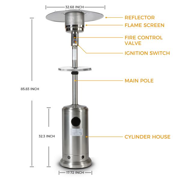 Goorabbit Stainless Steel, Commercial, Propane 46,000 Btu, Outdoor Patio Heater With Wheels, Stainless Steel &amp; Stand-Up Patio Heater Cover Set
