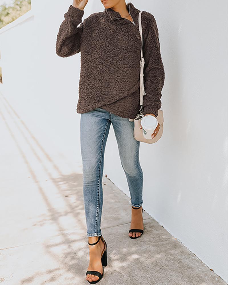 long sleeve zipper design high neck fluffy sweatshirt