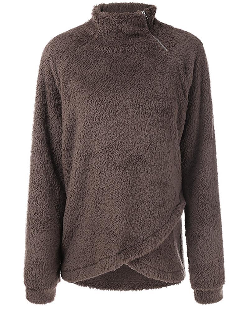 long sleeve zipper design high neck fluffy sweatshirt